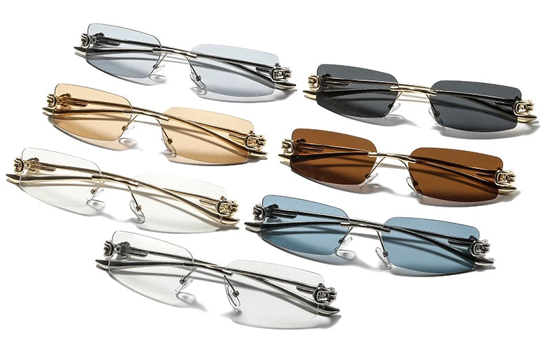 SO&EI Ins Popular Fashion Rectangle Rimless Sunglasses Women Retro Clear Ocean Lens Shades UV400 Men Trending Sun Glasses