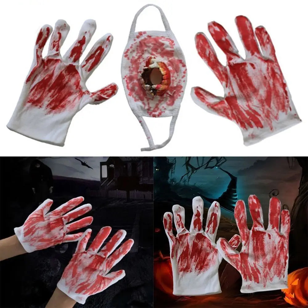 Realistic Halloween Blood Stain Masks Dress Up Costume Blood Mittens Ghost Zombie Cosplay Props Prank