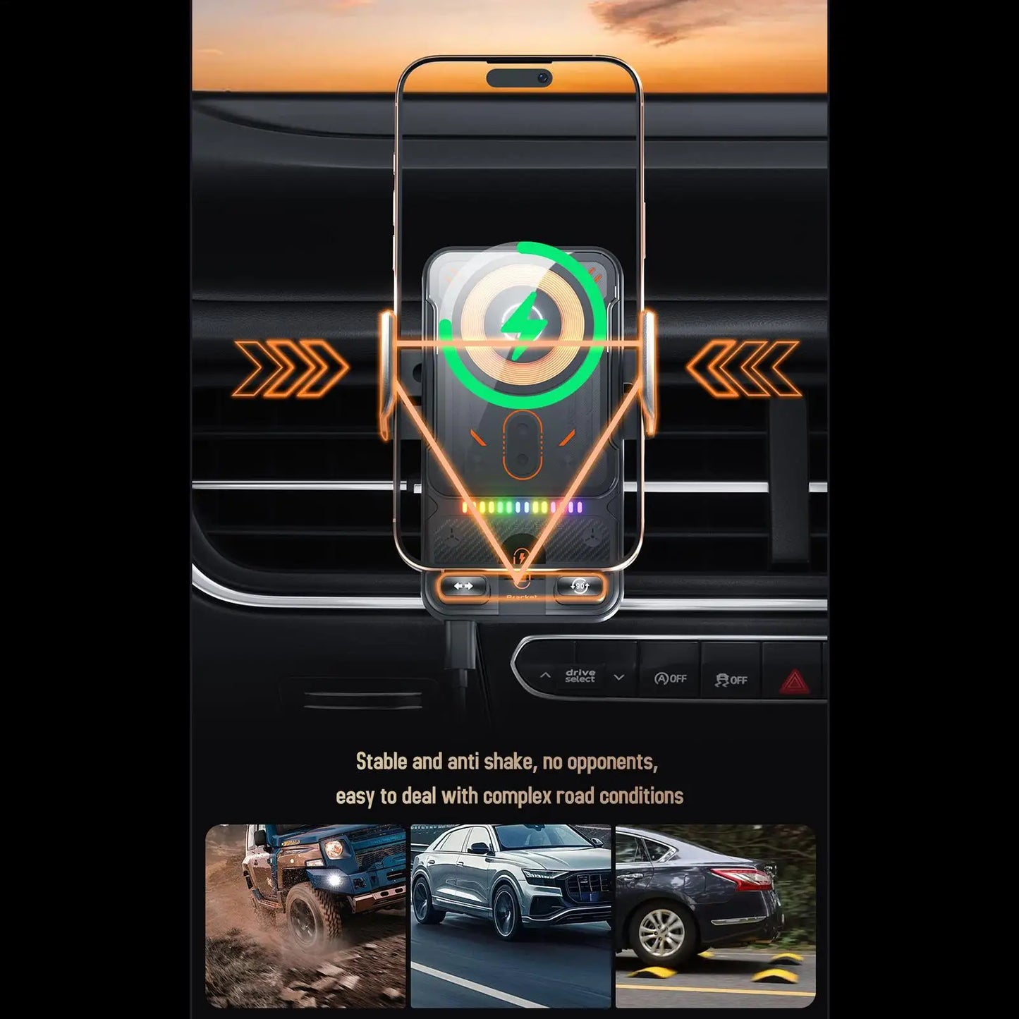 15W Auto-Clamping Wireless Car Charger Mount Fast Charging Air Vent Phone Holder with One-Hand Operation for Driving