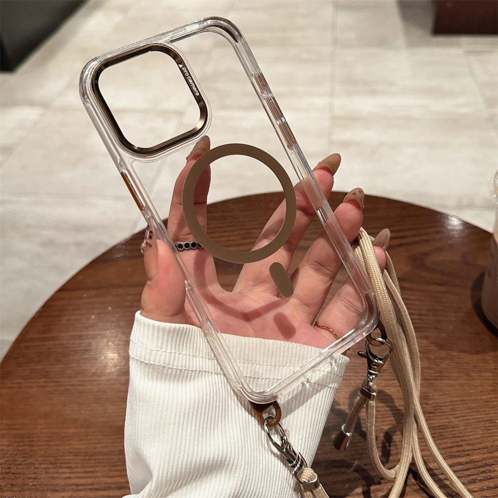 Crossbody Lanyard Necklace Transparent Magnetic For Magsafe Case for iPhone 17 15 11 12 13 14 16 Pro Max Plus Anti-lost Cover