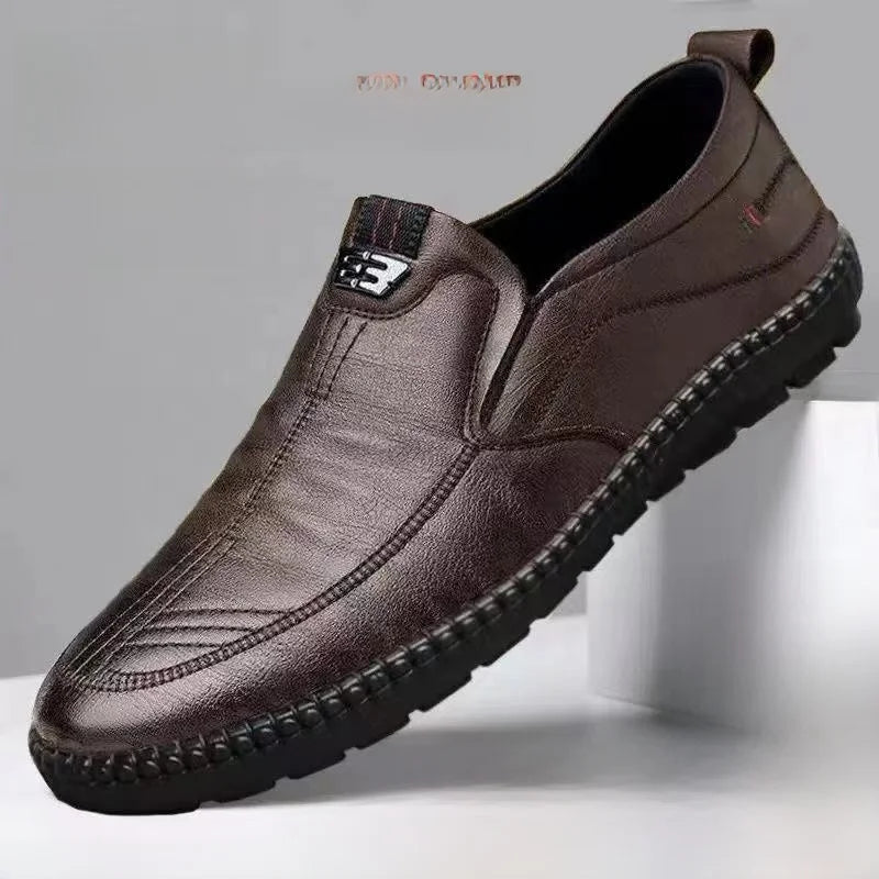 Men's Casual Thick Bottom Soft Sole Leather Shoes Dad Style Versatile Low Top Spring Autumn Season Breathable Slip-On Shoes