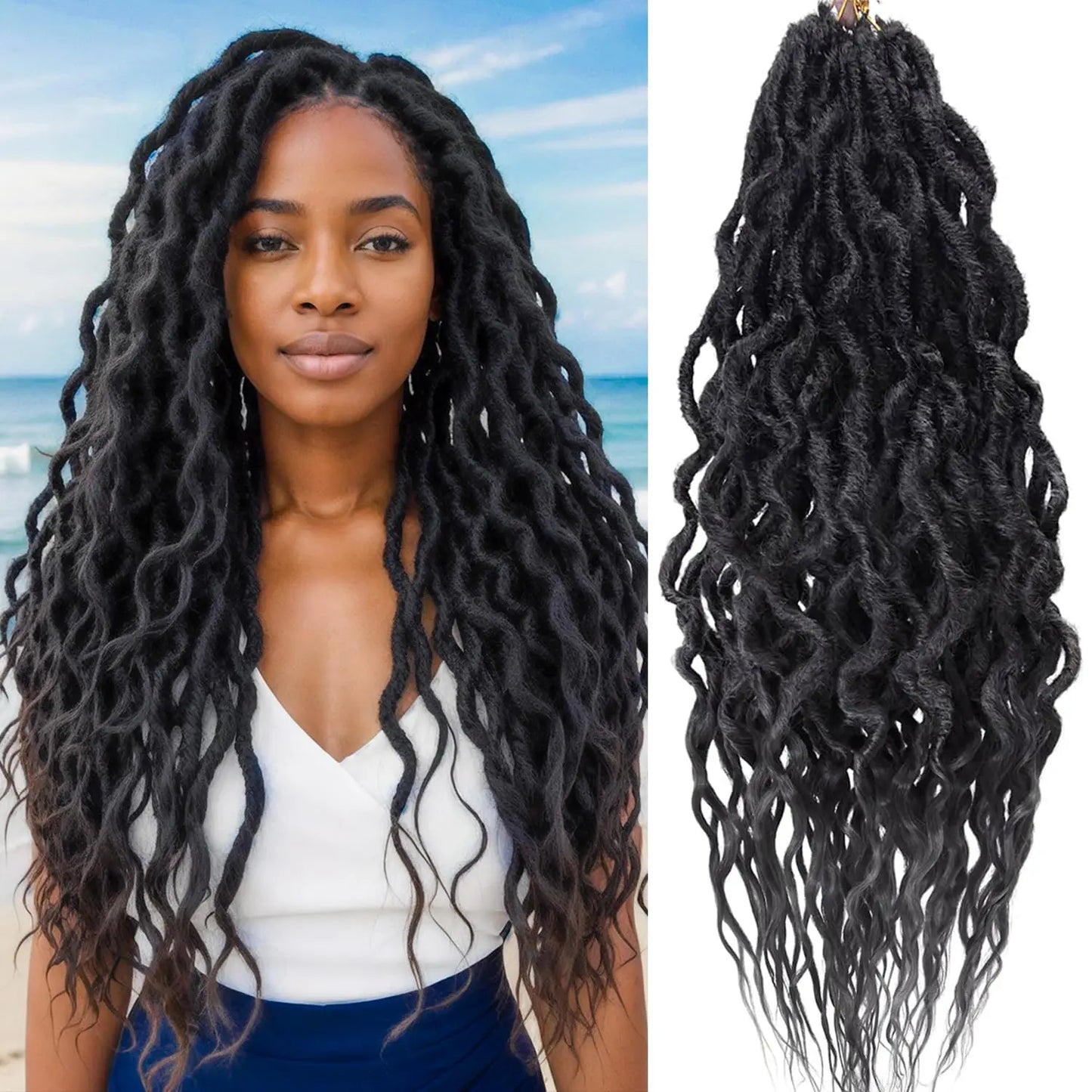 1/6Packs Goddess Locs Crochet Hair for Women,Pre Looped Crochet Braids with Wavy Curly Ends Queen Locs Synthetic Braid Extension