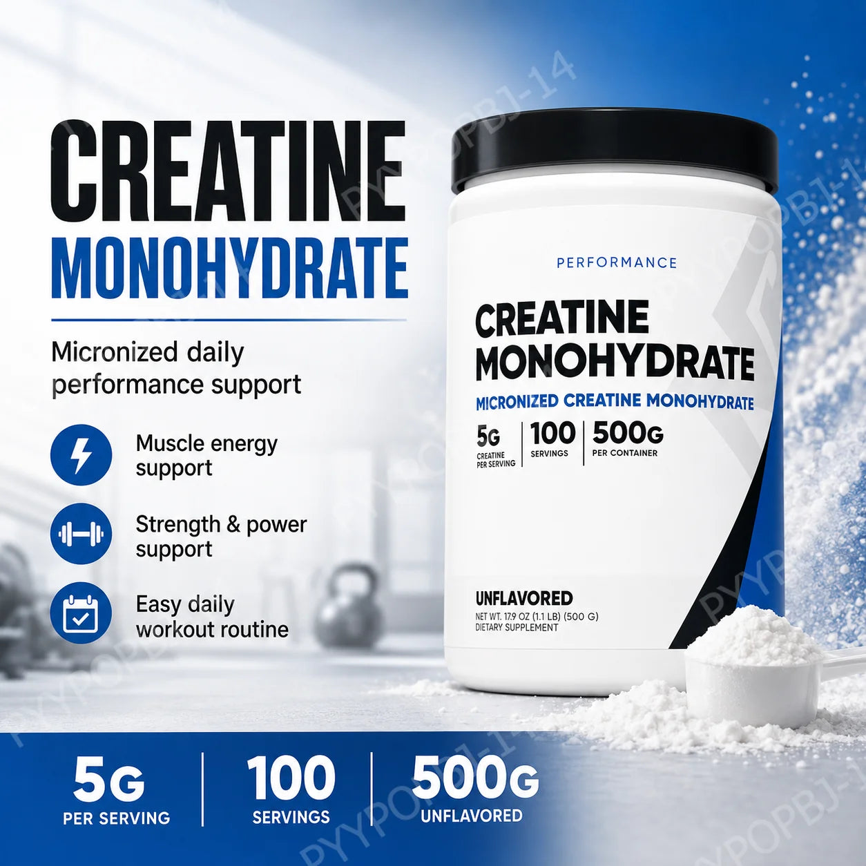 Creatine Monohydrate Micronized Powder Unflavored 5g Per Serving 100 Servings Muscle Energy Strength Power Support 500g