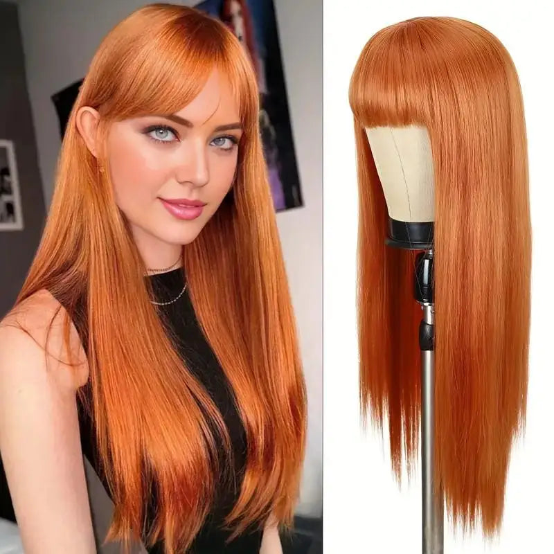 Long Straight Hair Orange Synthetic Wig for Halloween Party Cosplay Role-Playing Wig for Daily Party Hot Summer Hairpiece