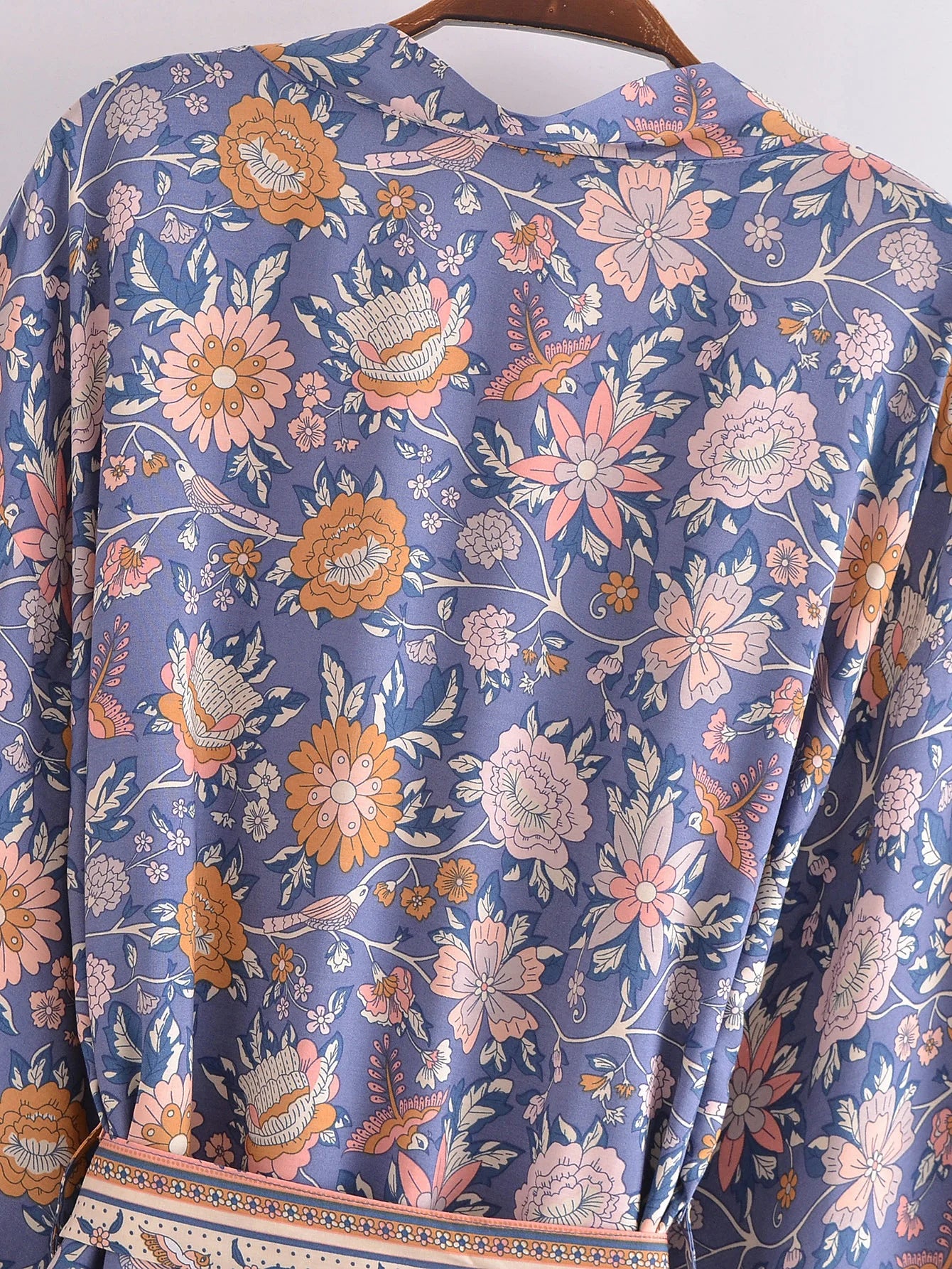BOHO Women Blue With Pink Flower Print Kimono Shirt Holiday Tide Bow Sashes Mid Long Cardigan Summer Blouse Beach Cape