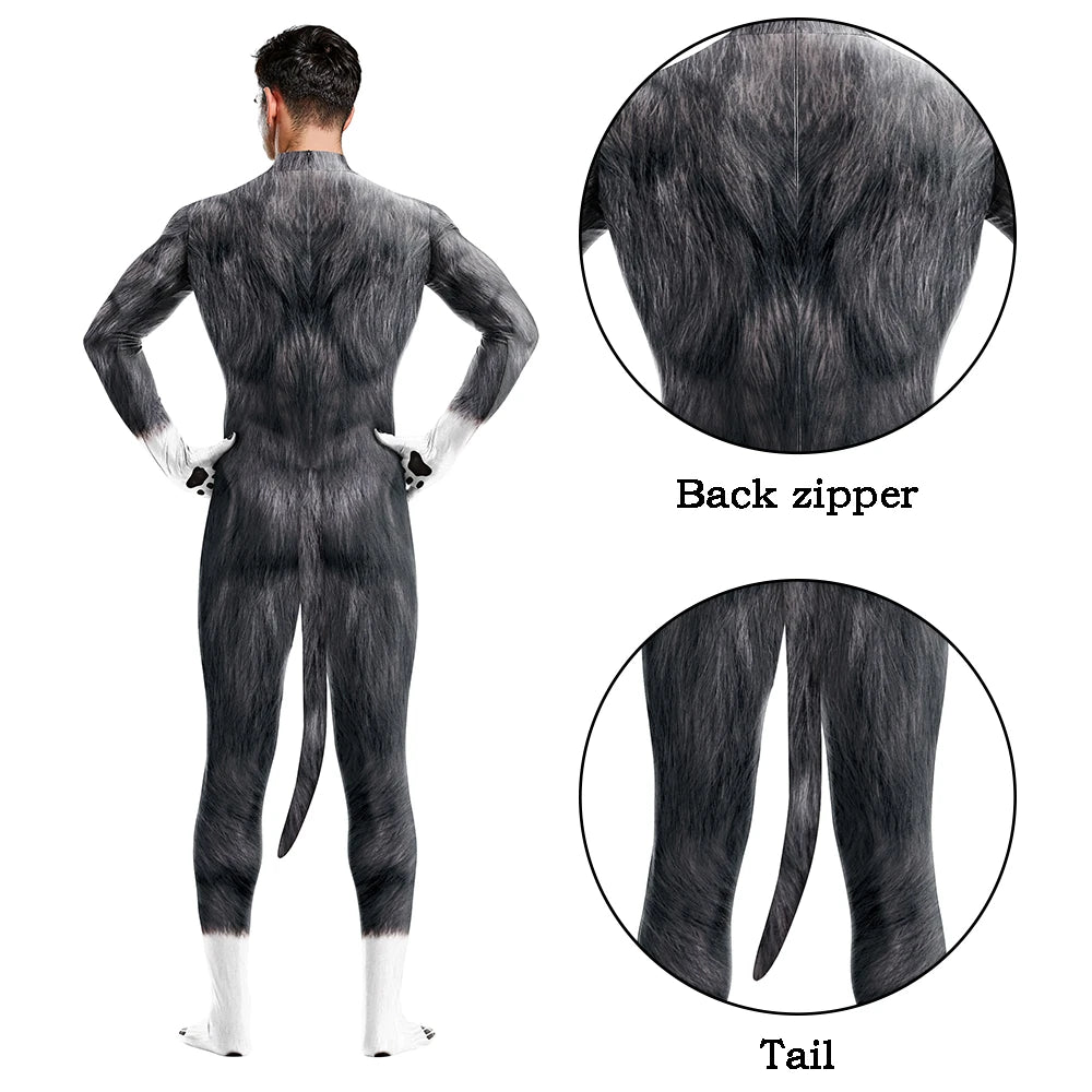 Halloween Cosplay Costume Male Adult Full Cover Elastic Zentai Pet Suit Jumpsuit Print Catsuit Bodysuits with Tail Purim Clothes