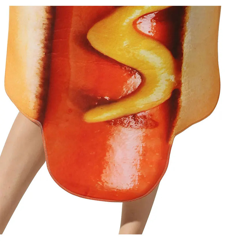 Halloween party costume, hot dog cosplay attire, stage performance outfit, one-piece dress, performance outfit