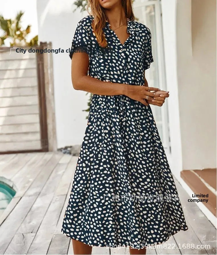 New Fashion Women's Polka Dot Print Short Sleeve Midi Dress Cotton Summer New Arrival Knee-Length Stand Collar Regular Waist