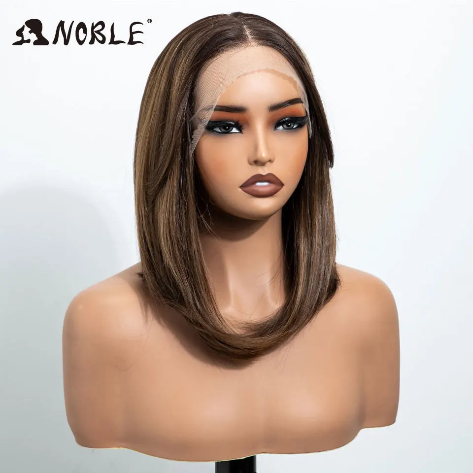 Noble 13x4 Synthetic Lace Front Wigs For Women Short Bob Wig With Bangs Pre Plucked Hairline Heat Resistan Ombre Blonde Lace Wig