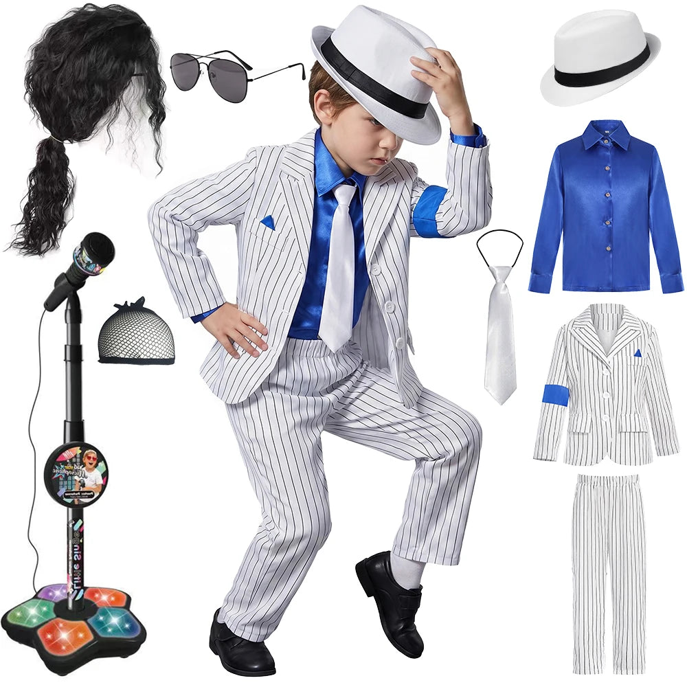 Halloween Carnival Boys Jackson Costume Dancer Singer Moonwalk Stage Outfits 80s Pop Rock Superstar Dress Up White Striped Suit