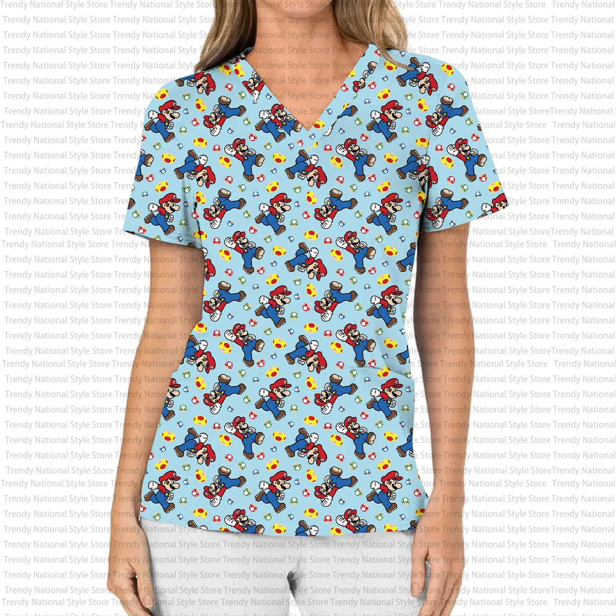 Women's Nursing Hair T-shirt, Nurse Uniform, Professional Medical Cartoon Print, Women's Nursing Wear, Work Veterinarian Top