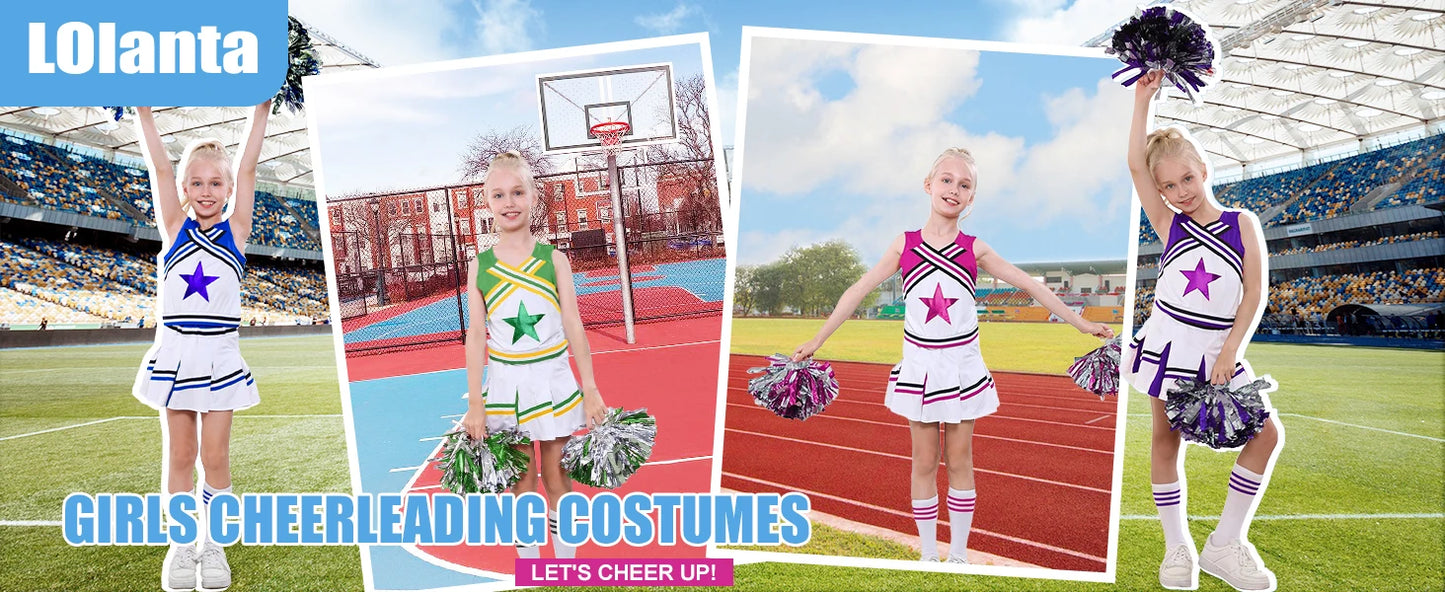 LOlanta 4Pcs Girls' Cheerleading Costumes with Socks Kids School Performance Cheerleader Outfit Halloween Fancy Dress Up 4-14Y