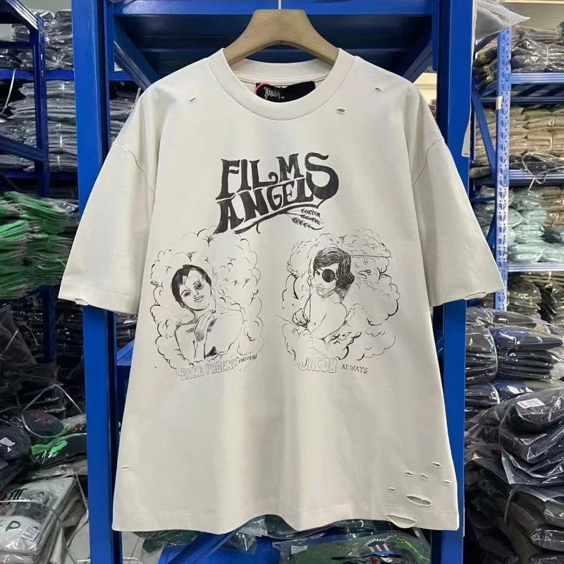 Men's Vintage Movie Print T-Shirt Paly Washed Graffiti Streetwear Loose Fit Cotton Tee