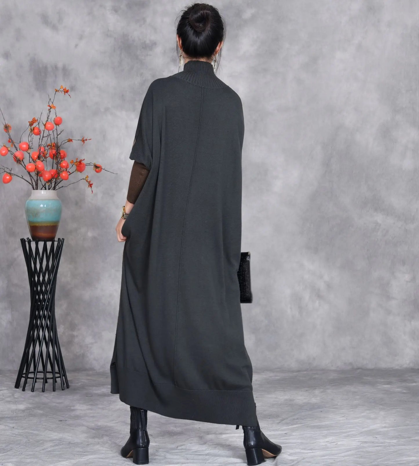 Johnature 2025 Woman Autumn New Fashion Mock Neck Loose Long Sleeves Dress Chinese Style Contrast Batwing Sleeve Casual Dress