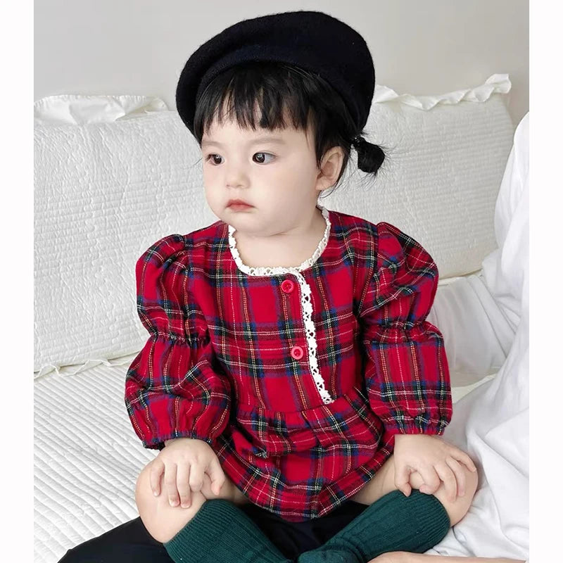 2025 Christmas New Infant Baby Girl Bodysuits Lace Cotton Red Grid Newborn Baby Girl Jumpsuit New Year Party Children Clothes