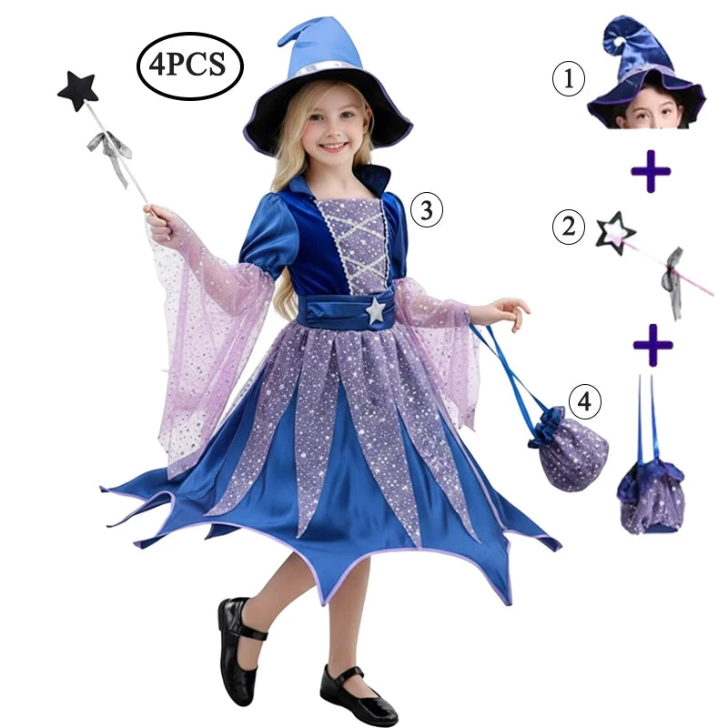 2026 Girls Halloween Cosplay Witch Dress With Hat Bag Costume Carnival Vestidos Kids Party Cosplay Dress Children Costume
