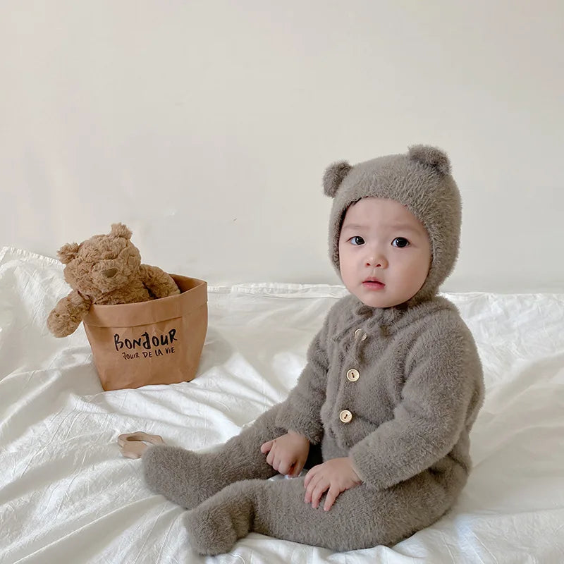 Baby Outfit Newborn Photography Props Mohair Knitted Bear Rompers Footed Jumpsuit Hat 2pcs/Sets Photography Clothing Accessories