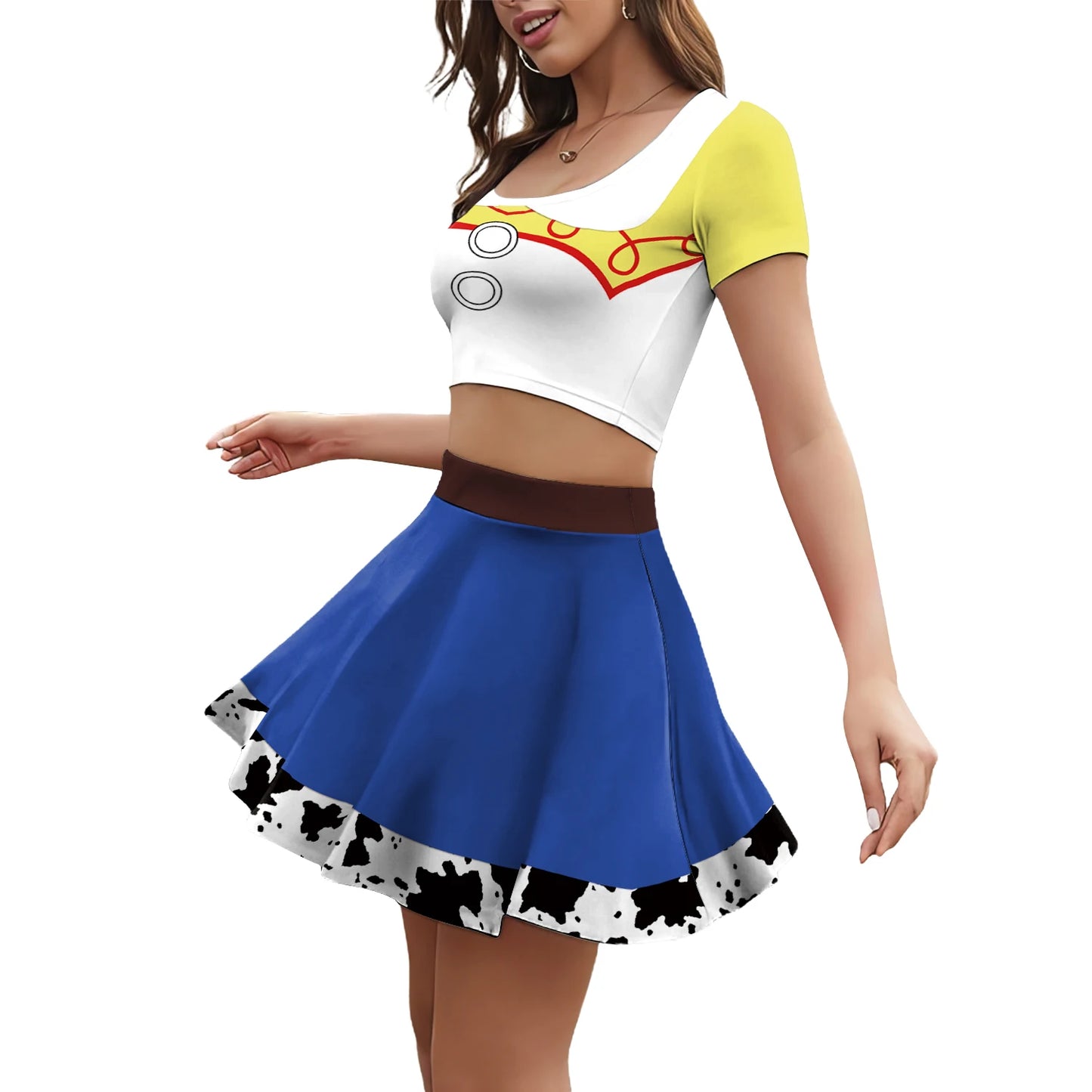 Halloween Woody Cosplay Costume For Women Movie Character Print Skirt Set Summer Short Sleeve Crop Top Party Performance Outfits