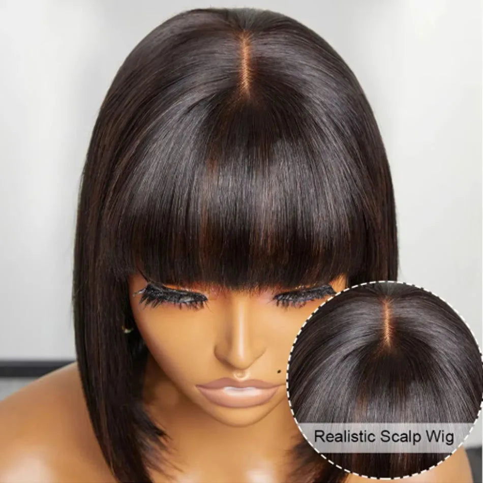 Straight Human Hair Wigs With Bangs Fringe 3X1 Part Lace Bob Wigs Realistic Scalp Brazilian Straight Virgin Bob Wigs With Bangs