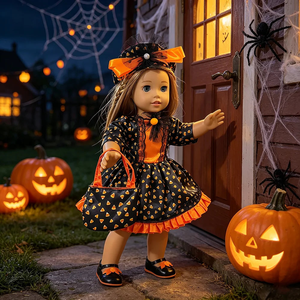Halloween Doll Costume Outfit Suitable for 18 Inch Dolls. Doll Holiday Costume Set with Three Pieces and Doll Accessories