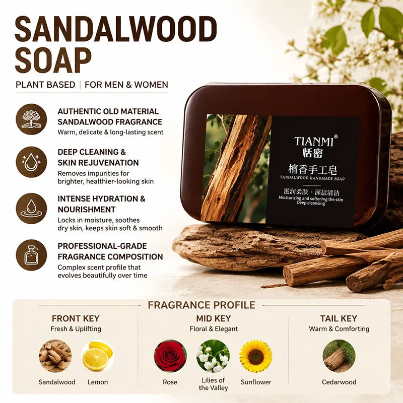 Sandalwood Soap Cleansing Soap,Handmade Bath Deodorant Moisturizing Shower, Long Lasting Plant Based Body Soap For Men & Women