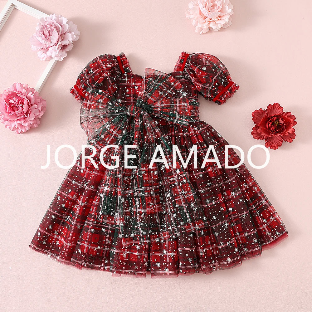 Christmas Summer Baby Girl Sister Matching Outfit Puff Sleeve Big Bow Festive Party Princess Bodysuit Halloween Dresses H2688