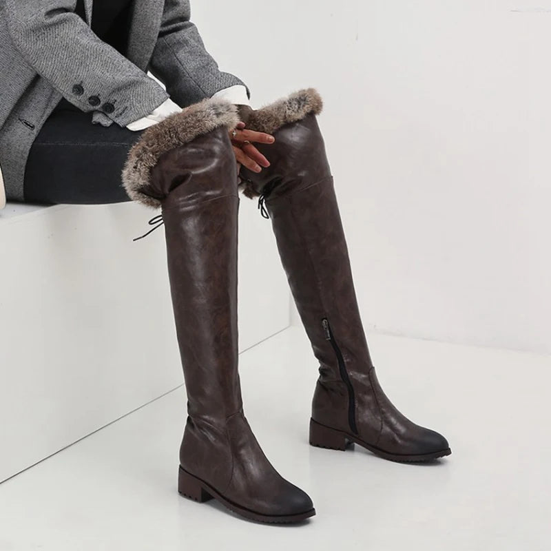 SIMLOVEYO Snow Boots fur Women Leather Boots Med Block Heels Over The Knee Boots Lady Shoes Bota Feminina Size 44 46