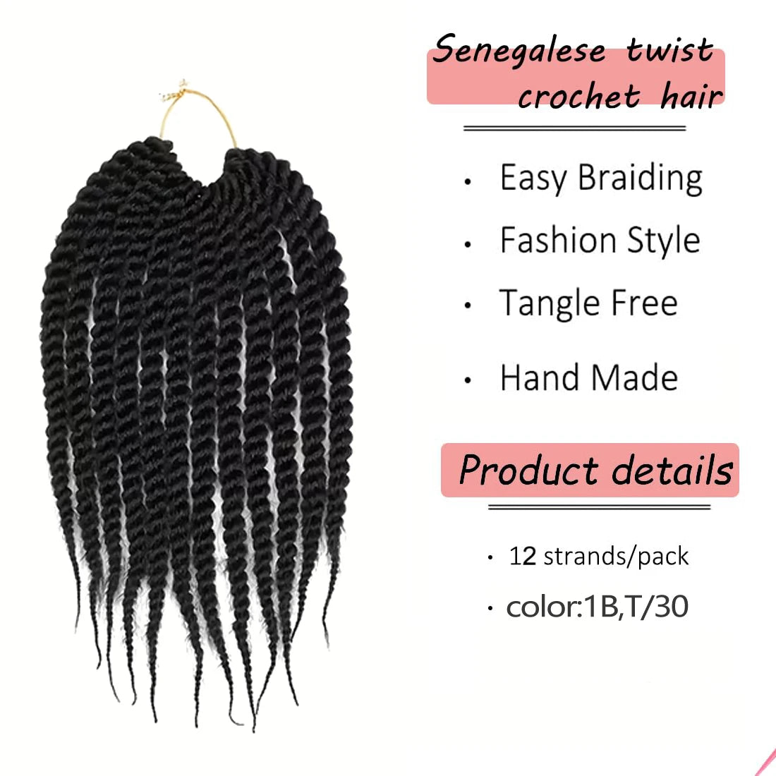 Senegalese Twist Crochet Braids High Temperature Synthetic Fiber, Lightweight &Odorless, Elastic & Soft, Elegant Style for Women