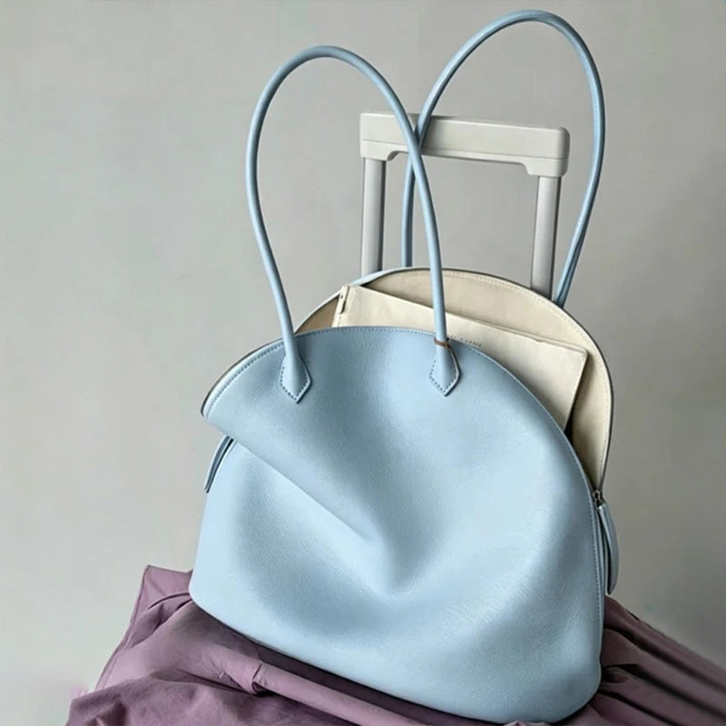Fashion Luxury Seashell Shoulder Bag Korean Style Solid Color Minimalist Handbag Zippered Large Capacity Soft Leather Tote Bag