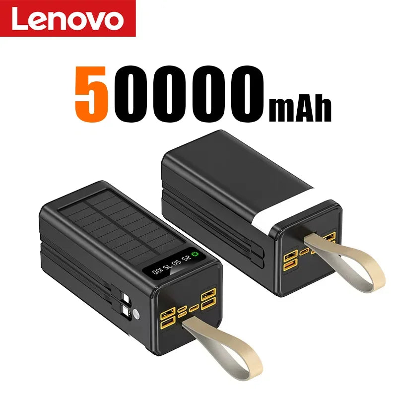 Lenovo 500000mAh Power Bank Large Capacity Portable LED Light Solar External Battery Four Interface Charger Powerbank 2026