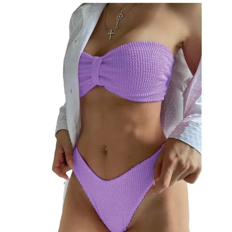 Sexy Pure Color Bikini Swimsuit Two-Piece Strapless Crossbody Women's Swimwear Trendy Beachwear Cross-Border Popular