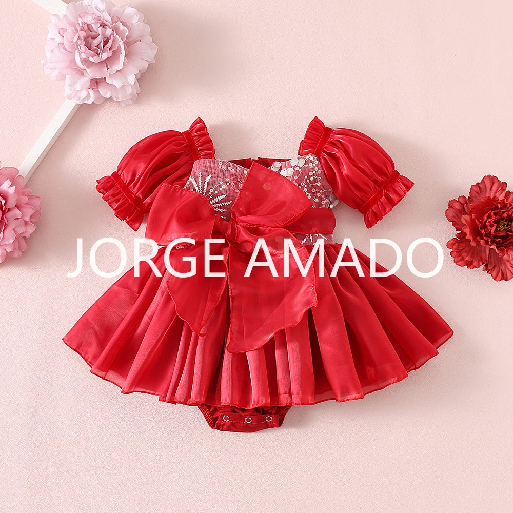 New Summer Sister Girl Matching Romper Dress Short Sling Sleeves Big Bow Bodysuit Sequined Princess Dresses Twins Clothing H1518