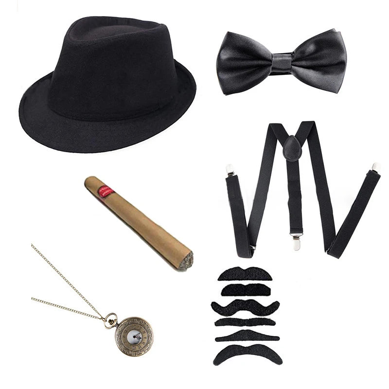 Halloween 1Set 1920's Cosplay Costume Hat Pocket Watch Neck Tie Moustache Bowtie Gatsby Masquerade Accessories