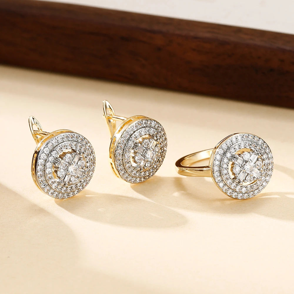 Round two-color design inlaid zircon earrings and rings set fashion jewelry holiday party banquet exquisite gift three-piece set