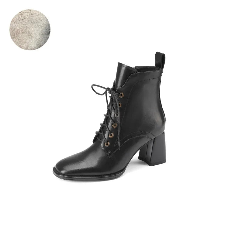 New Autumn/Winter Women Boots Cow Leather Fashion Women Shoes Square Toe High Heel Shoes for Women Lace Up Modern Short Boots