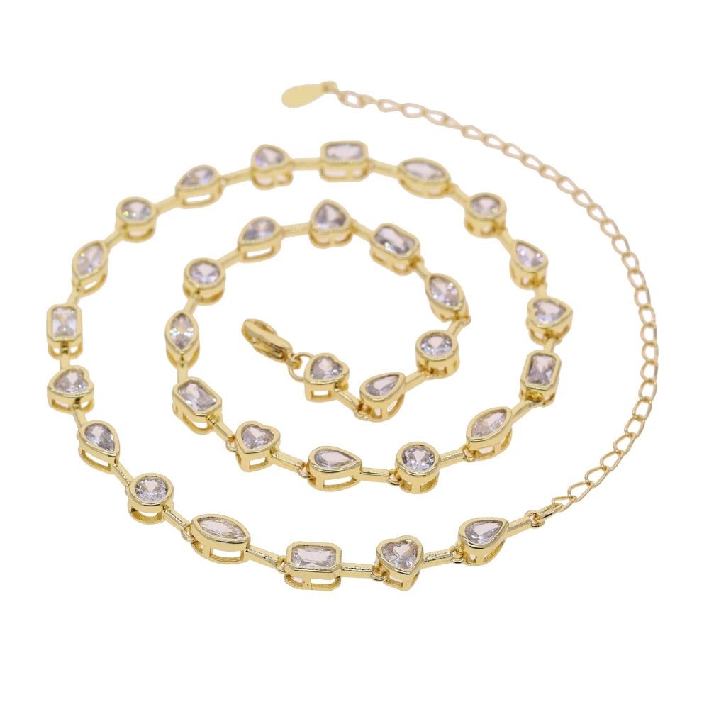 2025 New Trendy Women Jewelry Gold Color Geometric Various Shaped Bezel 5A Sparking CZ Tennis Chain Bracelet Necklace Set