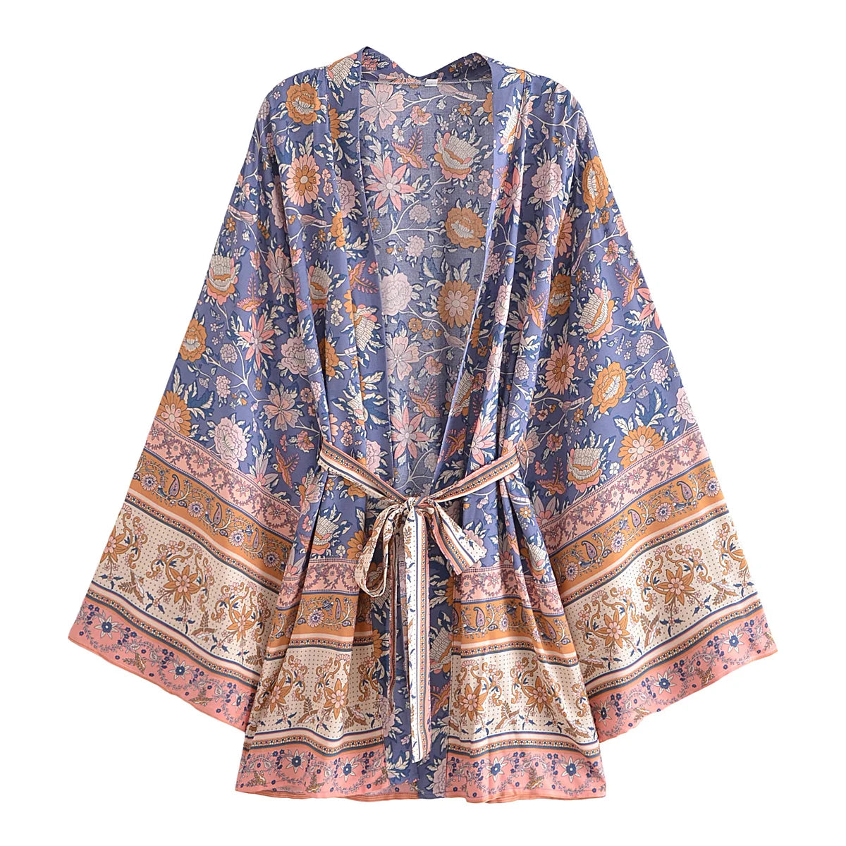 BOHO Women Blue With Pink Flower Print Kimono Shirt Holiday Tide Bow Sashes Mid Long Cardigan Summer Blouse Beach Cape