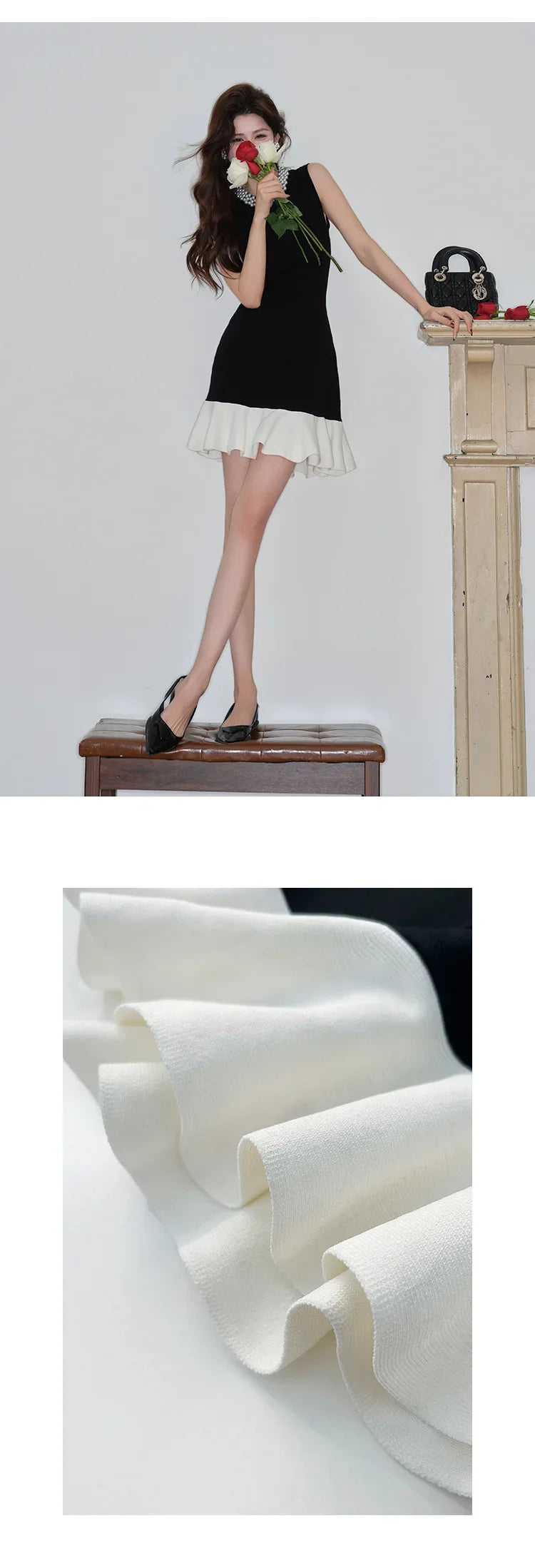 Elegant Pearl Detail Knitted Ice Silk Sleeveless A- Line Dress French Style Summer Dress for Women with Lace Hem Empire Waist