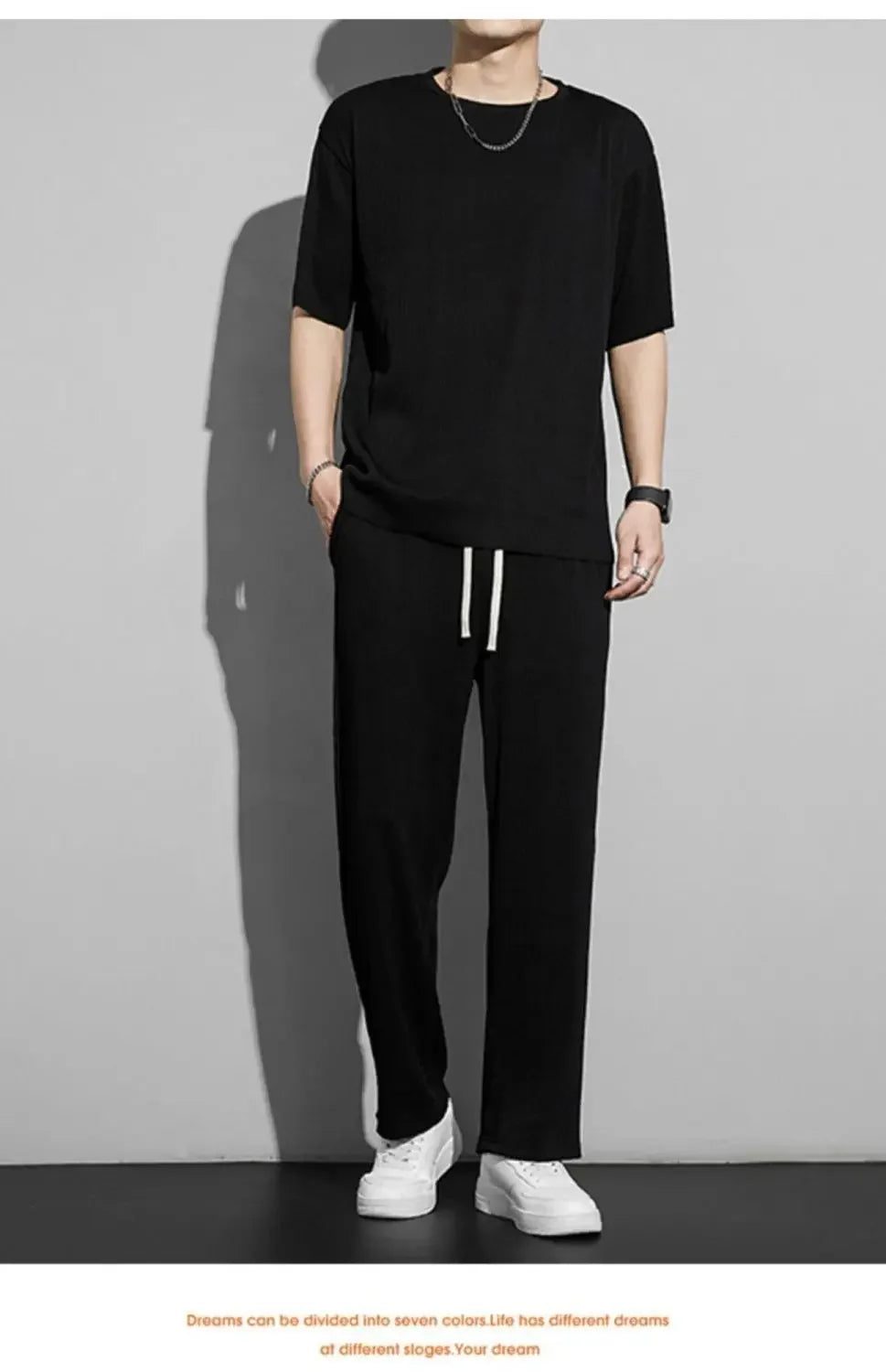 Men's Wrinkled Ice Silk Sports Set 2026 Summer New Short sleeved Long Pants Two piece Set Fashionable Breathable and Cool