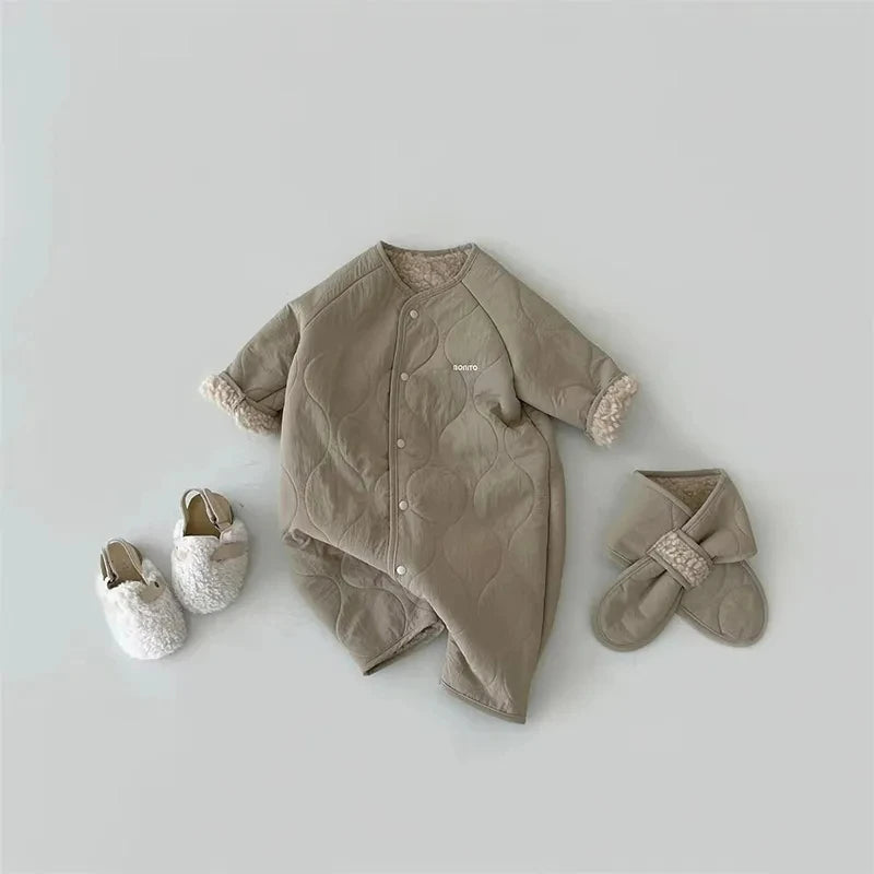 Korean Baby Jumpsuit Scarf Set Autumn Winter Lamb Wool Romper for Boys Girls Toddler Infant Clothes Loose Newborn Onesie 2Pcs