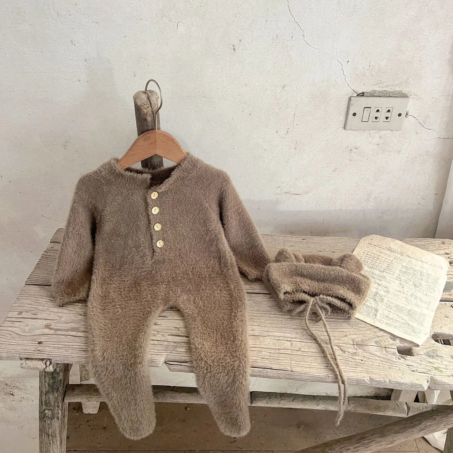 Baby Outfit Newborn Photography Props Mohair Knitted Bear Rompers Footed Jumpsuit Hat 2pcs/Sets Photography Clothing Accessories