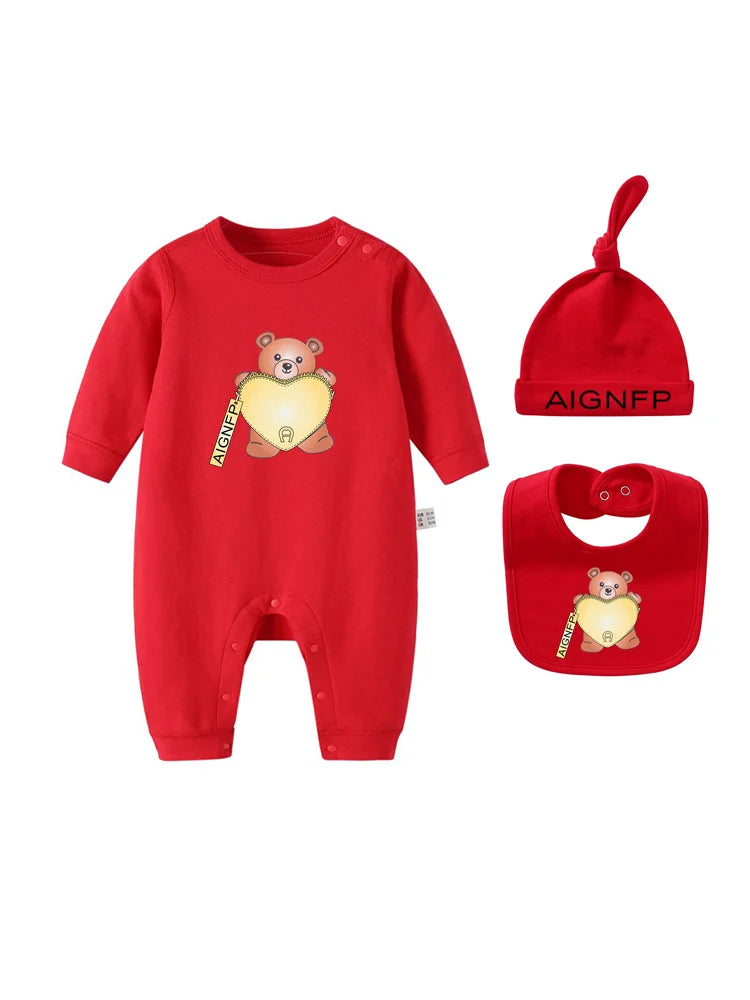 Cute Bear Jumpsuit Newborns Autumn Clothes 2025 Hot Sale New Soft Bib scarf Hat Toddler Romper Sets Baby Long sleeves Bodysuits