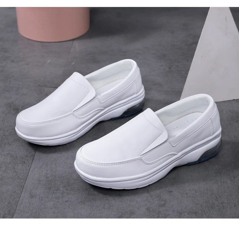Professional White Leather Hospital Work Shoes Four Seasons Comfortable Breathable Nurse Shoes Women's Thick Base Single Shoes