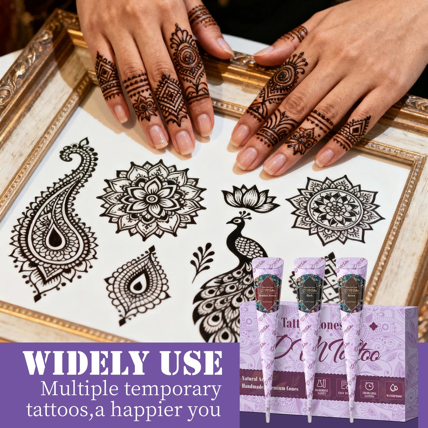 Temporary Tattoos Stencils Kit 3 Color(Brown Black Maroon) Ink with Gloves DIY Body Art Painting for Women Men Adults Kids