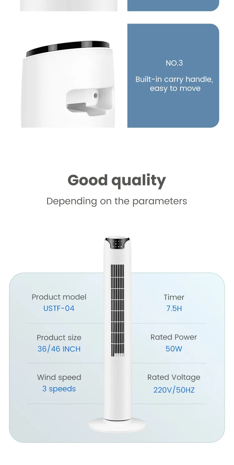 Electric Tower Fan Leafless Blades Remote Control US Plastic Household Floor Fan Box Installation Air Cooling Feature