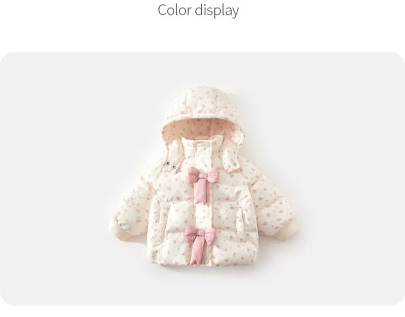 Winter 2024 Girls Plush New Fashion Sweet Floral Cotton Jacket Baby Cotton Hooded Autumn and Winter Bow Coat