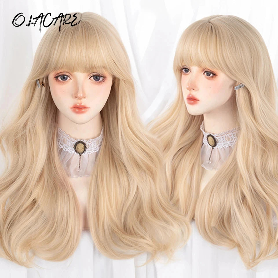 Synthetic Long Curly Wavy Lolita Wig with Bangs Wig Girl Cute Ombre Pink Blonde Black Cosplay Party Halloween Harajuku Wig