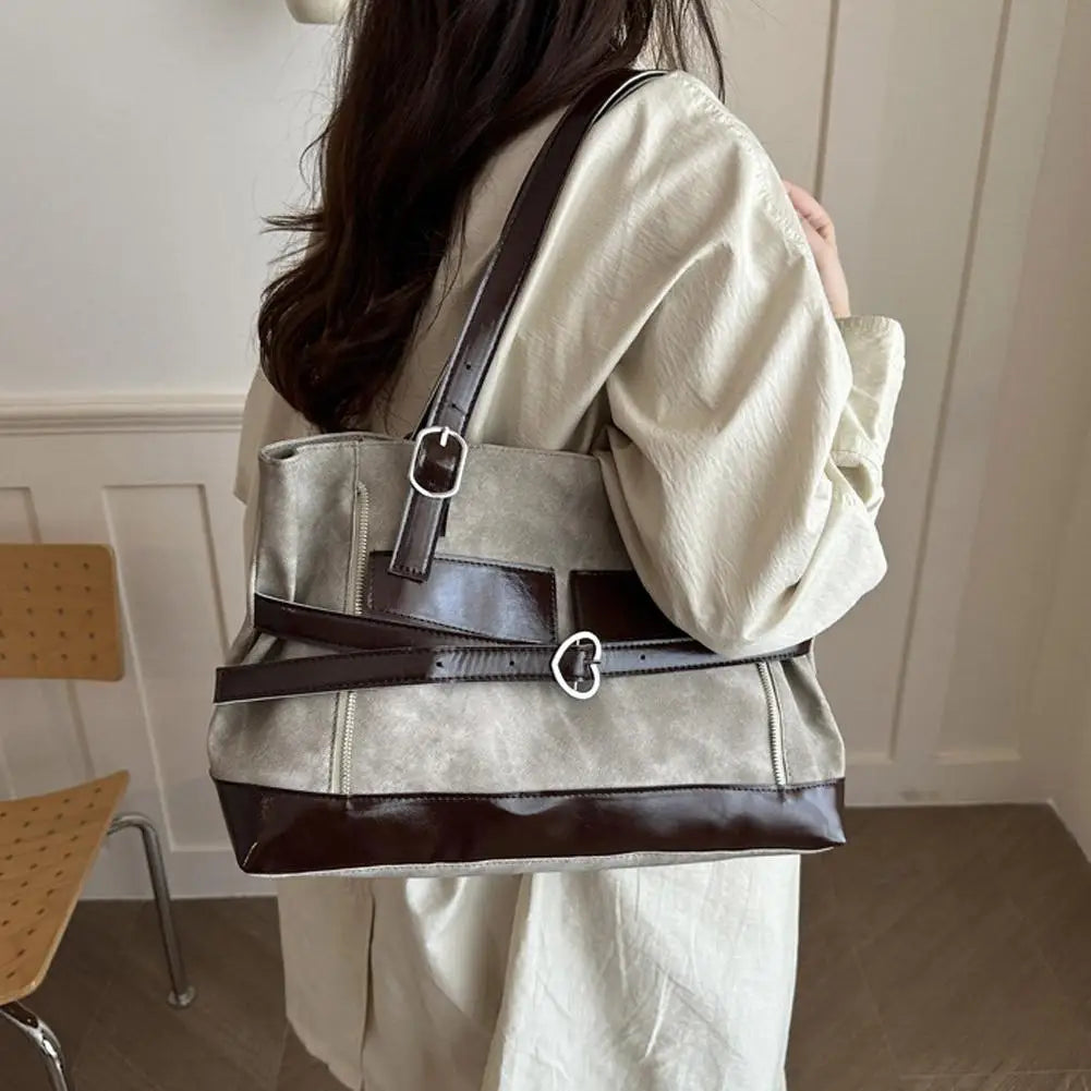 Retro Belt Buckle Underarm Shoulder Bag Women Large Capacity Commuter Tote Bag Vintage Casual Handbag Female Purse