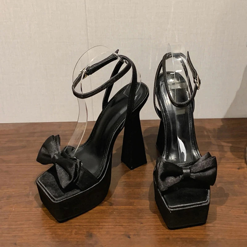 Liyke Runway Style Ultra High Heels Platform Sandals Women 2026 Summer Fashion Satin Bowknot Square Toe Wedding Banquet Shoes