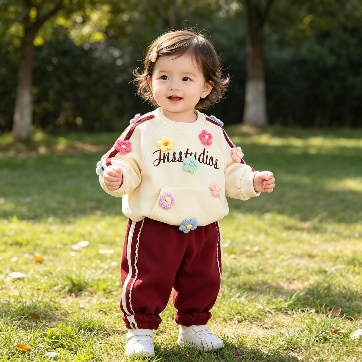 Baby 2Pcs Outfit Set 3D Colorful Flower Decor Raglan Long Sleeve Sweatshirt Striped Jogger Pants Infant Soft Cotton Spring Set